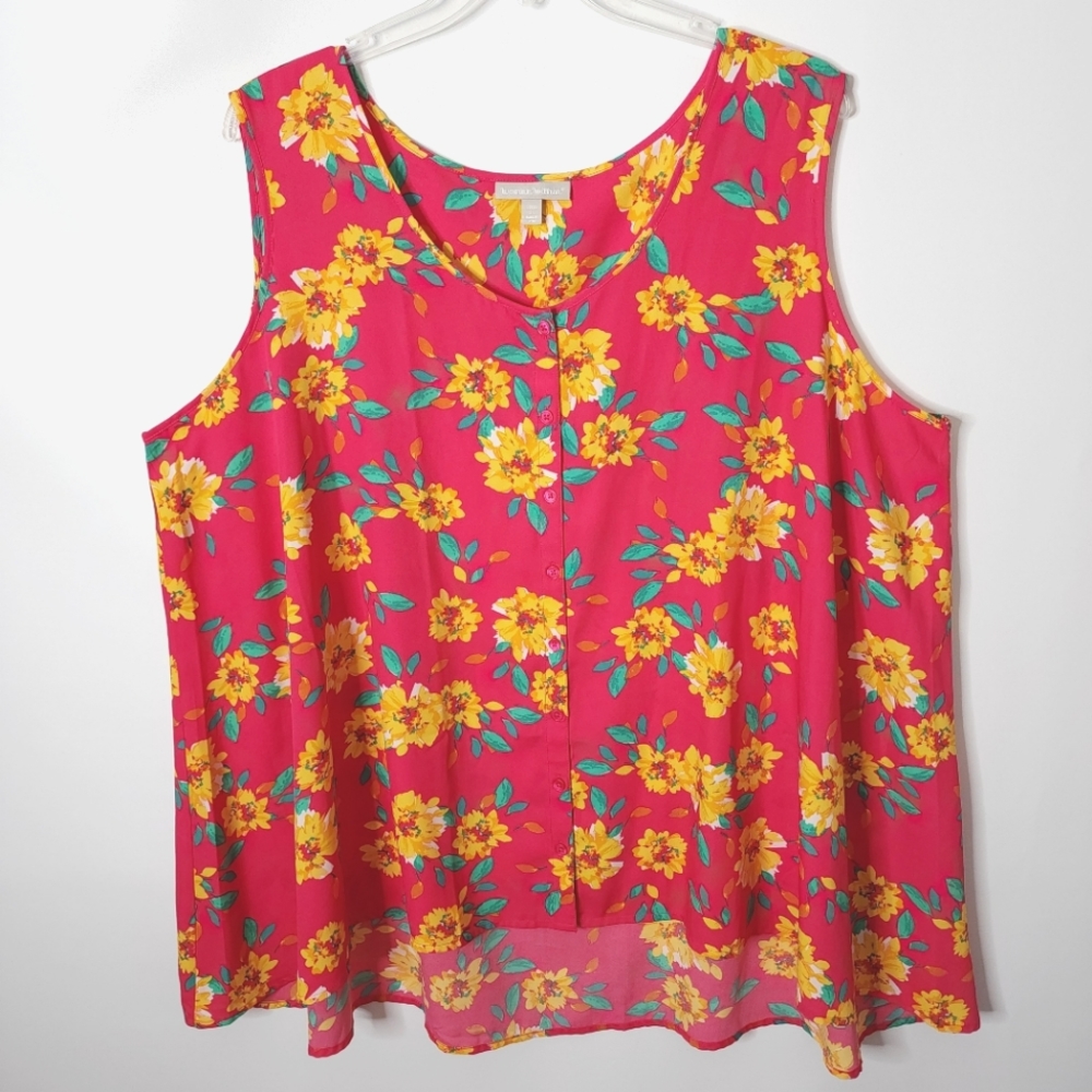 Woman Within Sleeveless Blouse Hi Lo Floral Pink Yellow Plus Size 2X 26/28